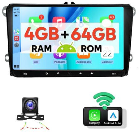 [4+64GB] Epronic Android Car Radio for VW Golf 5 Golf 6 Polo Wireless Apple Carplay Android Auto 9” Touchscreen Car Stereo Bluetooth with GPS WiFi FM EQ SWC Mirror Link Rear View Camera