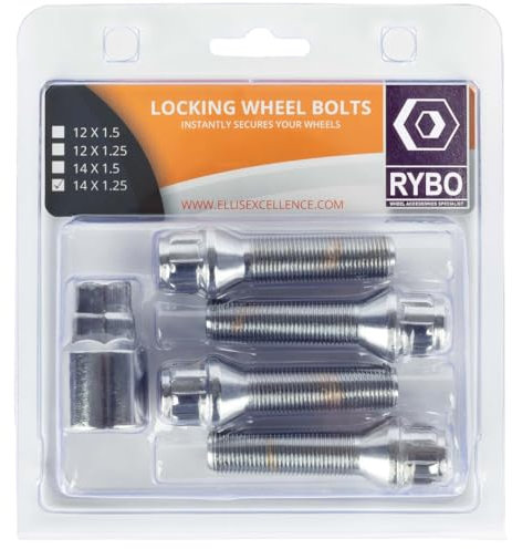 RYBO Set di 4 bulloni di bloccaggio per cerchi in lega M14 x 1,25 (cromati o neri, lunghezza filettatura 45 mm)