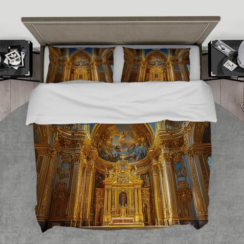 WEECHAINGE 3PCS Retro Building Pattern Bettbezug Set Golden Chic Bettdecke Cover Sets mit Reißverschlüssen Vintage Luxus Bettwäsche Set für die ganze Saison 135x200 cm