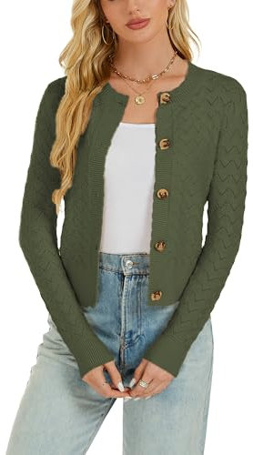 Donna Bolero Uncinetto Maniche Lunghe Chiusura a Bottoni Cardigan Elegante per Primavera Autunno-Verde Scuro/S