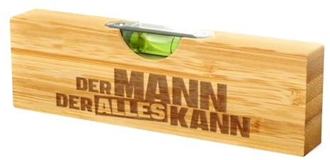 Wasserwaage aus Bambusholz mit Gravur 'Der Mann der alles kann', Handwerker-Geschenk. Flaschenöffner auf der Rückseite.