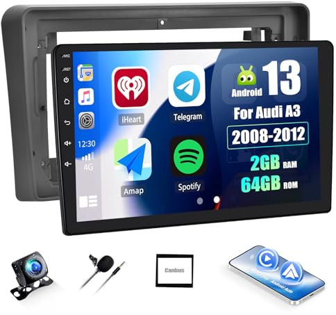 SIXWIN 2+64G Android 13 Autoradio für Audi A3 S3 RS3 8P mit Carplay/Android Auto/Mirrorlink,9 Zoll Kapazitive Touchscreen mit WiFi GPS Bluetooth FM/RDS EQ