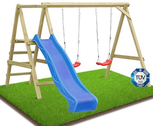 Gartenpirat Premium Schaukelgestell Typ 4.2 mit Rutsche blau Zwei Schaukelsitze Kletterleiter - 303 x 180 x 200 cm - Doppelschaukel aus Holz - TÜV geprüft