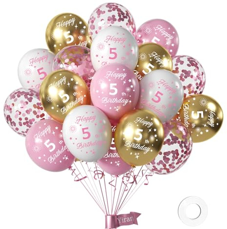 Palloncini per il 5° Compleanno Ragazza - Confezione da 16 Pezzi, 50 cm (12 pollici) in Rosa, Bianco e Oro, Decorazioni in Lattice per Feste di Compleanno 5 Anni - Ideali per Party a Tema Ragazza