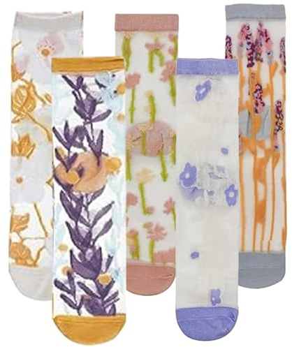 VIDSTW 5 Paires Chaussettes Transparentes Femme Socquettes Femme Transparents Fantaisie Fleur à Motifs Dentelle Cheville Pure Maille Eté Tites Chaussettes