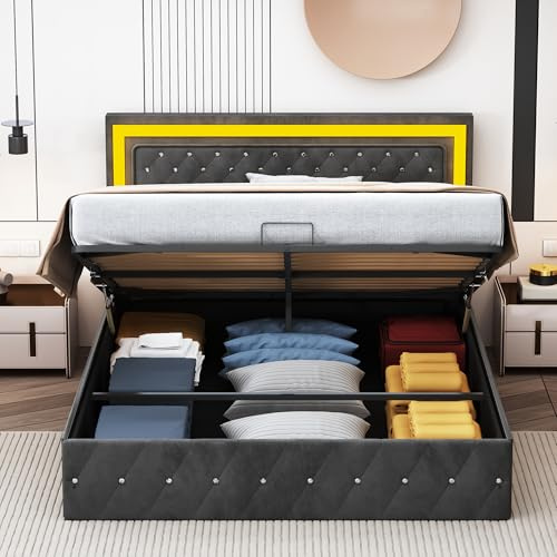 Hydraulisch Stauraumbett 180x200cm, Polsterbett Doppelbett mit LED, Boxspringbett mit Bettkasten, Bett mit Lattenrost, Jugendbett Funktionsbett Bettgestell mit Stauraum, Samt (Schwarz, 180x200cm)