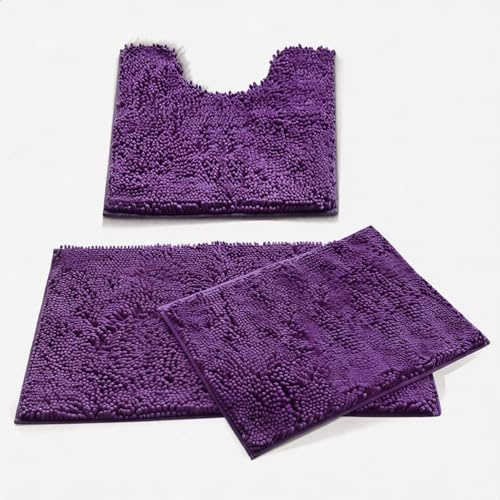 MEGAROOM Non Slip Chenille Bath Mat Set - Bathroom Mat with U-Shaped Toilet Mat - Soft and Anti Mould Bath Mat Set 3 Pieces for Safety and Comfort, Water Absorbent and Quick Drying（Dark Purple）
