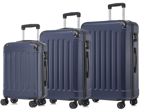 YONSLY Premium Reisekoffer TSA-Schloss,YKK-Reißverschluss Hartschalen-Koffer Trolley Kabinenkoffer Rollkoffer Suitcase Handgepäck 4 Rollen (Dunkelblau, M-L-XL-Set)