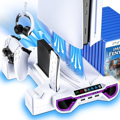 ZRZLMVP Soporte para PS5/PS5 Slim/PS5 Pro – Base de carga con luz RGB para consola PlayStation 5, accesorios PS5, incluye estación de refrigeración PS5, ventilador, soporte para auriculares, 3 USB Hub