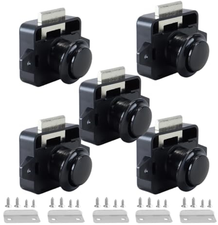 Gutol Cerradura sin llave para armarios de caravanas, autocaravanas y remolques. Botón pulsador grande. Cierre de ABS. Apertura de 26 mm. Color negro. 5 unidades.
