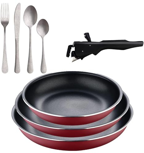 Bergner Click&Cook 3-teiliges Pfannen-Set, Ø 18 x 20 x 24 cm, aus gepresstem Aluminium, mit abnehmbarem Griff, 16-teiliges Besteck-Set aus Edelstahl