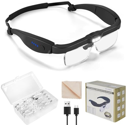 Rivlox Magnifying Glasses with 3 LED Lights, 0.75X to 4X Headband Magnifying Glass with 5 Detachable Lenses, Protective Storage Case for Hobbies Crafts Jewellers Close Work (Black)