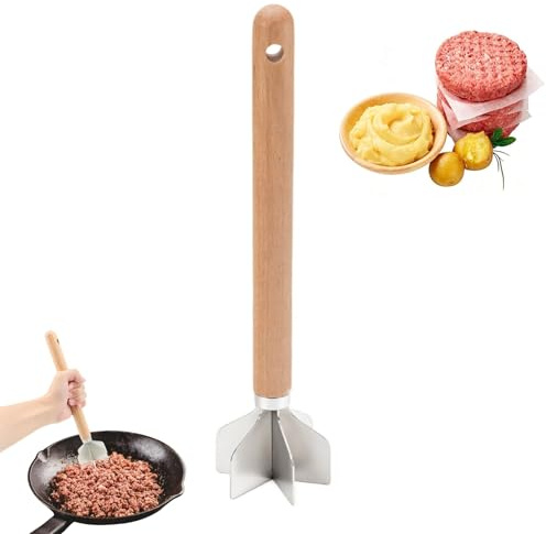 VELAJA Picadora de Carne Manual, Trituradora de Alimentos con Mango de Madera, Desmenuzador de Pollo y Verduras, Prensa para Puré de Patata, Acero Inoxidable - 28 cm