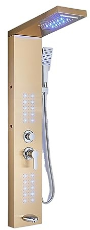 Pannello doccia nero opaco con LED a cascata per vasca idromassaggio con doppia maniglia rubinetto torre sistema doccia tattico (modello 6004)
