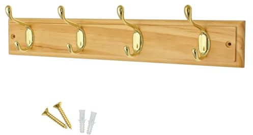 Keypak 4 Hook Pine Finish Wall Mounted Coat Rack with 4 Brass Hooks | Wooden Board for Coats, Hats, Bags, Tools Space Saving Wall Storage Organiser, Fixings Included