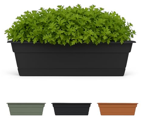Bloem Dura Cotta 24 Black Resin Rectangle Window Box Planter with Saucer Tray for Indoor and Outdoor Gardening
