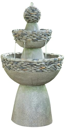 Teamson Home 36.5 in. Outdoor 3-Tier Zen-Style Pedestal Water Fountain in. with Stone Trim with Pump and 2.64 Gallon Capacity, Stone Gray