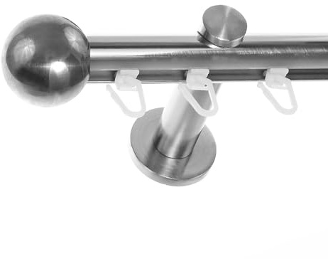 BASIT Gardinenstange Innenlauf Edelstahllook 20mm 1-läufig Wand 160cm H30 | Gardinenstangenset einläufig Wandmontage Metall Vorhangstange Wandhalterung 120-600cm wählbar Kappe Kugel E33