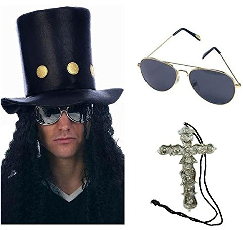 Heavy Metal Rocker Hat with Wig Sunglasses Cross Necklace 1980s 80s Mens Rock Fancy Dress Costume for Men