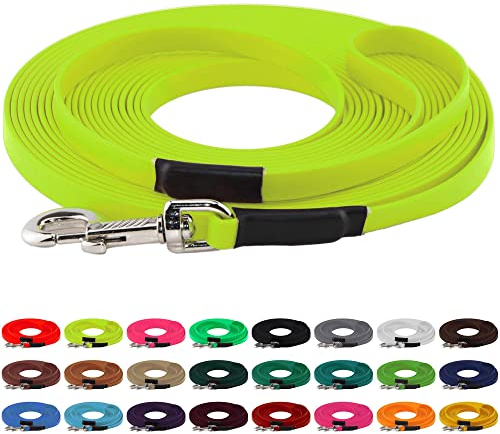 LENNIE BioThane Schleppleine, 13mm, Hunde 15-25kg, 15m lang, mit Handschlaufe, Neon-Gelb, genäht