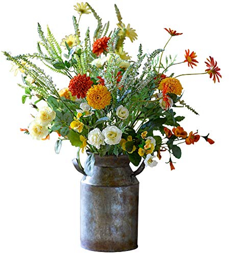 Bloom Artificial Orange Red White Marigold Flower Arrangement - Faux Silk Flowers That Look Real, Rustic Wedding Flowers & Decorations, Artificial Foliage In Vase, Home Decor Centrepiece