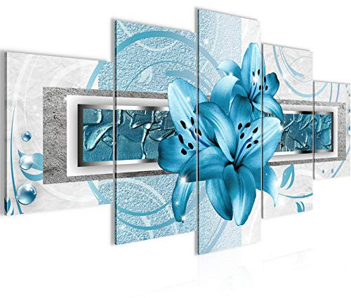Runa Art - Bilder Blumen Lilien 200 x 100 cm 5 Teilig XXL Wanddekoration Design Blau 209751b