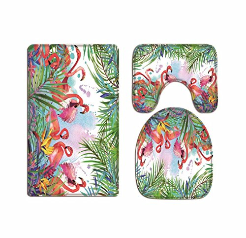 A.Monamour Badezimmer Badematte 3 Teilig Set Aquarellmalerei Tropische Blätter Flamingovogel Badmatte Teppich Flanell Saugfähig Badteppiche Badvorleger Badgarnitur WC Vorleger