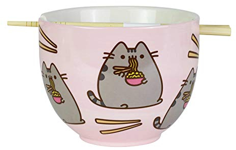 Enesco Pusheen by Our Name is Mud - Juego de cuencos y palillos para ramen, 4 pulgadas, rosa, 18 onzas líquidas