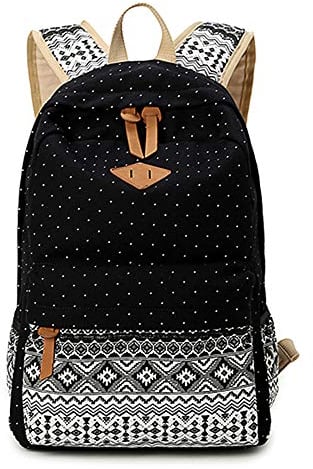 Lisirs Canvas Rucksack Damen Stabil Wasserdicht Schulranzen Mädchen Vintage Tolle Farbkombi Muster Schöner Praktischer Schulrucksack mit Laptopfach für Teenager Freizeit und Schule Punkt Schwarz