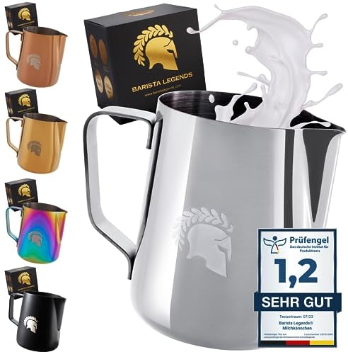 Barista Legends® Milchkännchen Edelstahl 350ml mit speziellem Latte Art Ausguss - Milchschaumkännchen Hochglanz Poliert - Barista Milchkanne Edelstahl - Barista Zubehör
