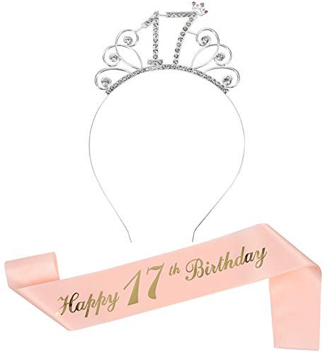 17th Rose Gold Happy Birthday Sash and Tiara Rhinestone Crown Headband for 17th Birthday Party Accessories, Decoration