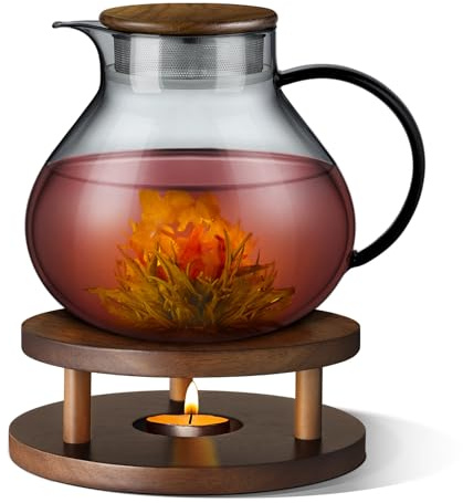 ecooe 1400 ml Teekanne mit Stövchen und 18/8 Schwarz Edelstahl 2 in 1 Teesieb Deckel, Borosilicate Glas Teekanne mit Stövchen Holz ideal als für Familie und Freunde