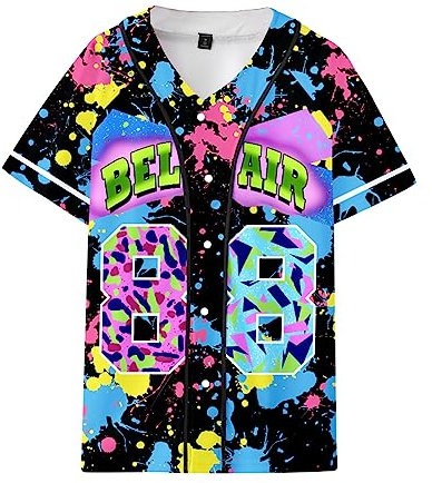 90er Jahre Outfit für Herren Bel Air 88 Baseball Trikot für Herren 90er Jahre Urban Theme Party Hip Hop Mode Blusen für Club und Pub, Splash, Klein