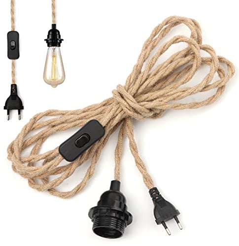 Lustre Corde de Chanvre Câble 4.5m, Hotloop Douille E27 Interrupteur avec Fil Cable Ampoule, Pour DIY Lampe Suspension Lumière Pendante Industrielle Lustre Douille Fil Electrique Vintage