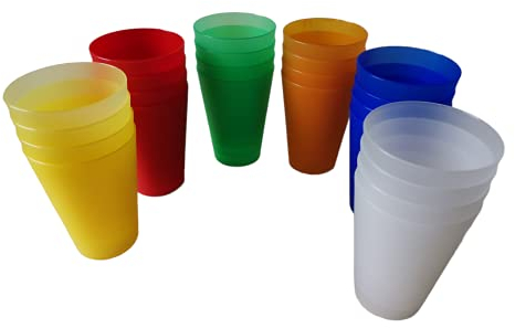 HMH-Shop Trinkbecher Partybecher 400ml Kinderbecher Campingbecher wiederverwendbar mehrweg Cups Farbwahl Gelb Blau Rot Weiß Orange Grün Garten Kunststoffbecher extra stabil (Mix, 24)