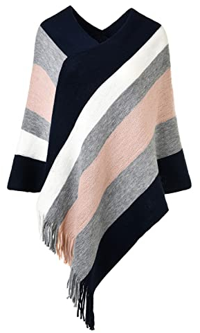 Ferand Joli Poncho Femme à Rayures Châle Doux Chaud à Franges pour l' Automne Hiver - Taille Unique - Bleu Marine & Rose