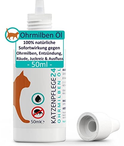 KATZENPFLEGE24 Ohrentropfen für Katzen gegen Ohrmilben, Juckreiz & Ohrentzündungen 50ml - Natürliche Sofortwirkung inkl. sanfter Ohrenpflege für Katzen - Ohrmilben Katze