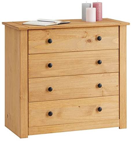 CARO-Möbel Kommode Cancun im Landhaus Stil aus Kiefer massiv, Moderne Anrichte mit 4 Schubladen, Sideboard mit gebeizter gewachster Oberfläche