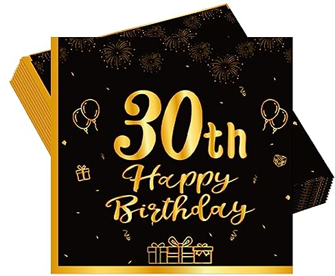 20pcs Black and Gold Napkins 30th, Happy Birthday Tableware Paper Napkins, Happy 30th Birthday Decorations Paper Tissues for Men,Women,Him,Her 30th Birthday Gifts Party Supplies