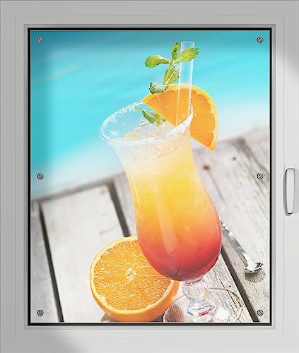 Wallario Lichtschutzbild, Dekorativer Sichtschutz Sonnenschutz 76 x 93 cm mit Motiv: Bunter Cocktail am Pool - Verdunklungsrollo ohne Bohren