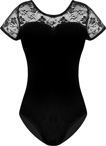 Mulnall Damen Ballett Spitze Kurzarm Tanztrikot Tank Hohl Rücken Tanzbekleidung Kurzarm Gymnastikanzug Damen Trikot Turnanzug(7037-06-L)