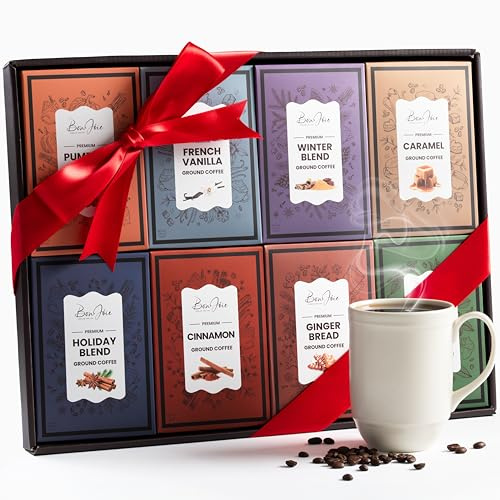 Kaffee-Geschenk-Set für Kaffeeliebhaber – Kaffee-Probier-Geschenk-Set für Damen und Herren – Gemahlener Kaffee-Geschenkkorb für Weihnachten – 8 Stück Urlaub aromatisierter Kaffee – Einzigartige