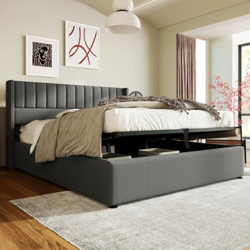 Tcewhhy Hydraulisch Polsterbett Doppelbett King Size Mit Lattenrost Aus Metallrahmen Leinen Stauraumbett Bettkasten Jugendbett Für Erwachsene Jugendliche Gästebett Grau 180x200 cm