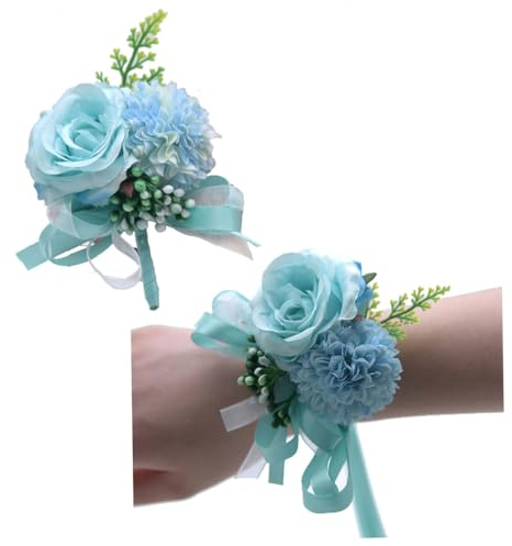 Wisafory 2 Stück Handgelenk Blume Corsage Boutonniere Set Hochzeit Ansteckblumen Braut Brautjungfer Blume Armband Knopflochblumen Brautschmuck Accessoires für Hochzeit Abschlussball Blau
