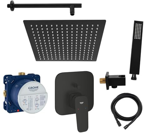 vanvilla Duschsystem Unterputz mit Duscharmatur Grohe schwarz GS21 | Duscharmatur von Grohe Cubeo Einhebelmischer und vanvilla Regendusche Duschkopf eckig, Dusch-SET schwarz matt