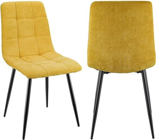 JIJIAN Lot de 2 Chaises de Salle à Manger, Chaises Tapissées en Tissu de Lin et Pieds en Métal Noir, Design en Damier, pour Salle de Séjour Chambre à Coucher Cuisine Salon Réception, Jaune