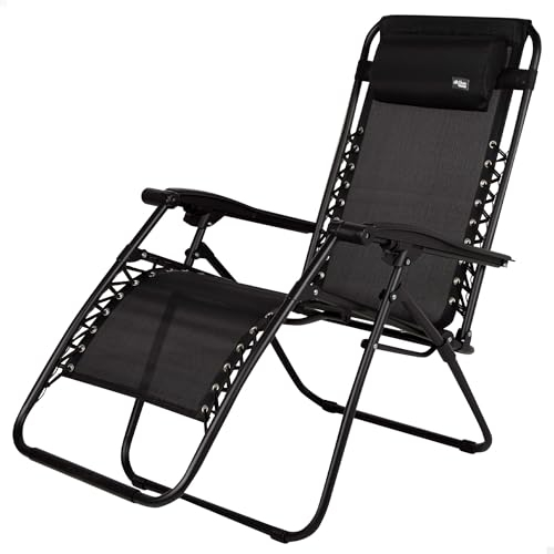AKTIVE Silla Plegable, Gravedad Cero, Negro, con cojín y reposapiés, Cómoda y Resistente, Antivuelco, Acero y textileno, Máximo 110 kg, Jardín, Camping, Tumbonas Plegables para Exterior (61142)