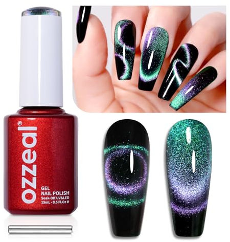 Ozzeal 9D Cat Eye Gel Nail Polish, 0.5 Fl Oz Green Chameleon Holographic Glitter Cat Eye Gel Polish with Magnet UV LED Magnetic Gel Nail Polish Sparkly Home DIY Manicure