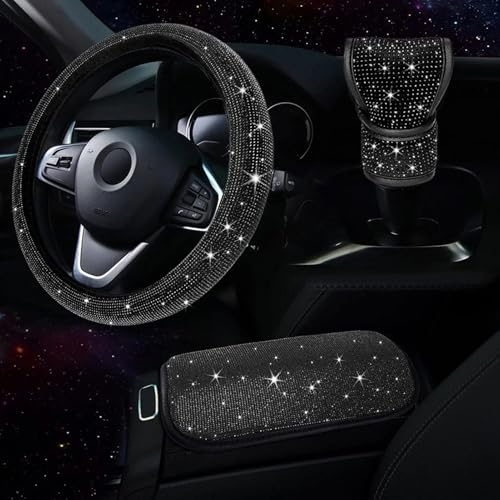 Pumwoy Lenkradbezug Glitzer Crystal Lenkrad Abdeckung, Universal rutschfest Lenkrad Abdeckung(36-38cm), Auto-Dekozubehör Armlehnenbezüge Schaltknauf Abdeckung, Bling Bling Lenkradhülle (Schwarz)