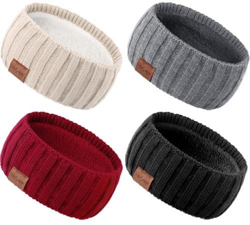 DRESHOW Women Warm Knitted Headband Cold Winter Ear Warmer Elastic Crochet Head Wraps Thick Fleece Lining Hair Bands